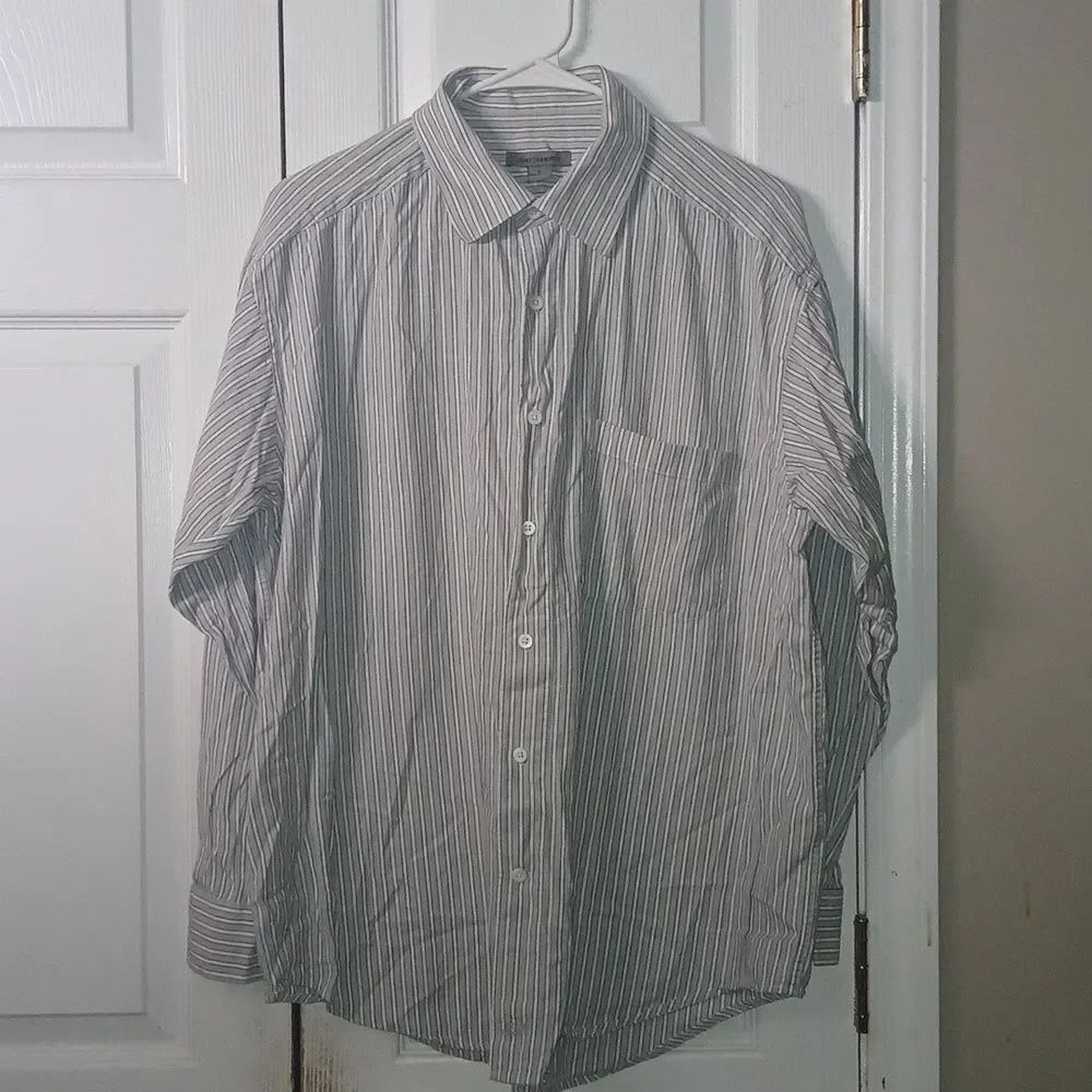 Johnston & Murphy gray white striped long sleeve button down dress shirt Sz L